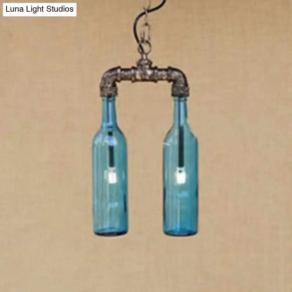 Farmhouse 2-Light Chandelier Pendant with Amber/Blue Glass Shades and Pipe Design