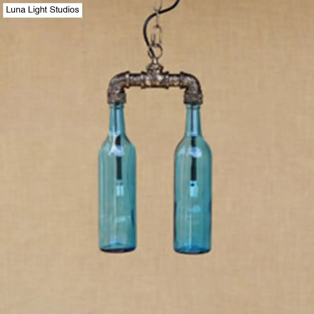 Farmhouse 2-Light Chandelier Pendant with Amber/Blue Glass Shades and Pipe Design