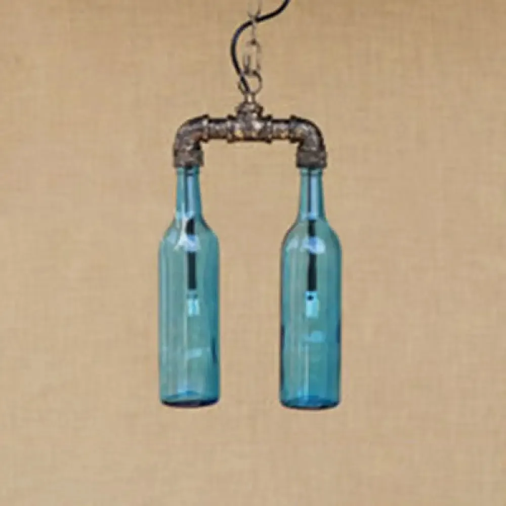 Farmhouse 2-Light Chandelier Pendant with Amber/Blue Glass Shades and Pipe Design