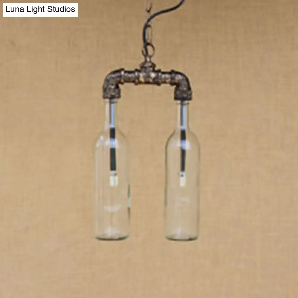 Farmhouse 2-Light Chandelier Pendant with Amber/Blue Glass Shades and Pipe Design