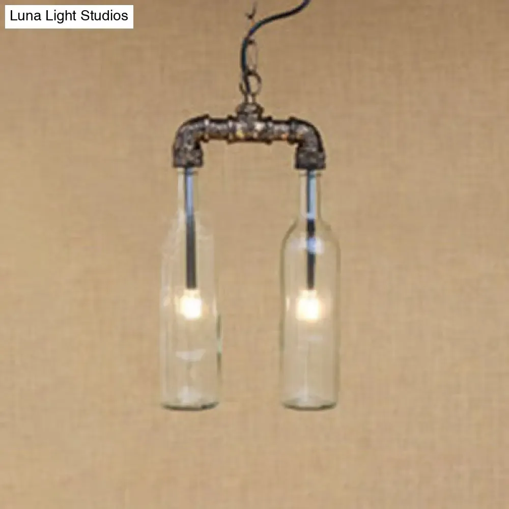 Farmhouse 2-Light Chandelier Pendant with Amber/Blue Glass Shades and Pipe Design