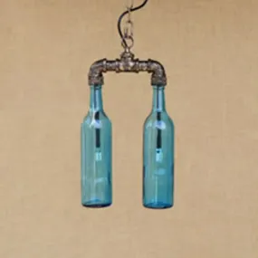 Farmhouse 2-Light Chandelier Pendant with Amber/Blue Glass Shades and Pipe Design