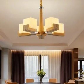 Frosted Glass Cube Chandelier with Modern Wood Ceiling Suspension - Ideal for Living Room