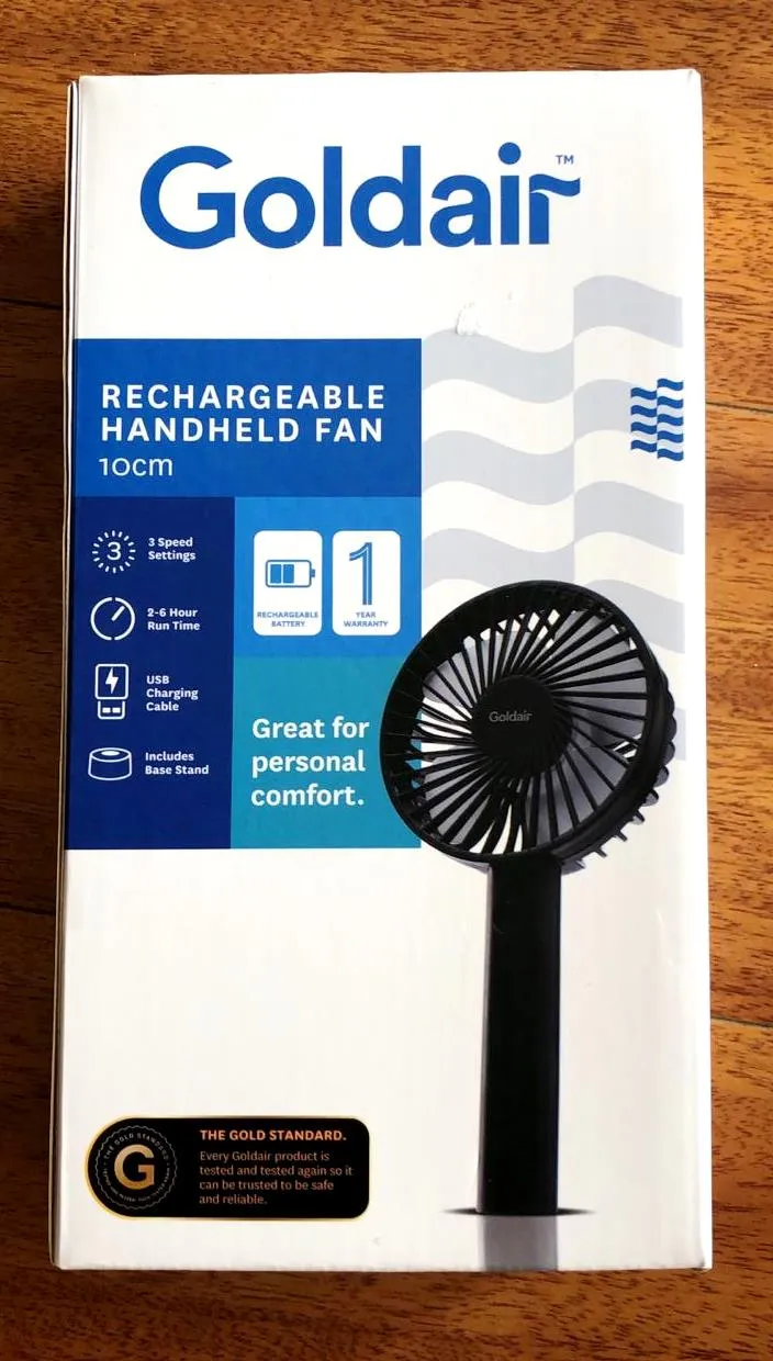 Goldair 10cm Personal Rechargeable Handheld Fan - Black