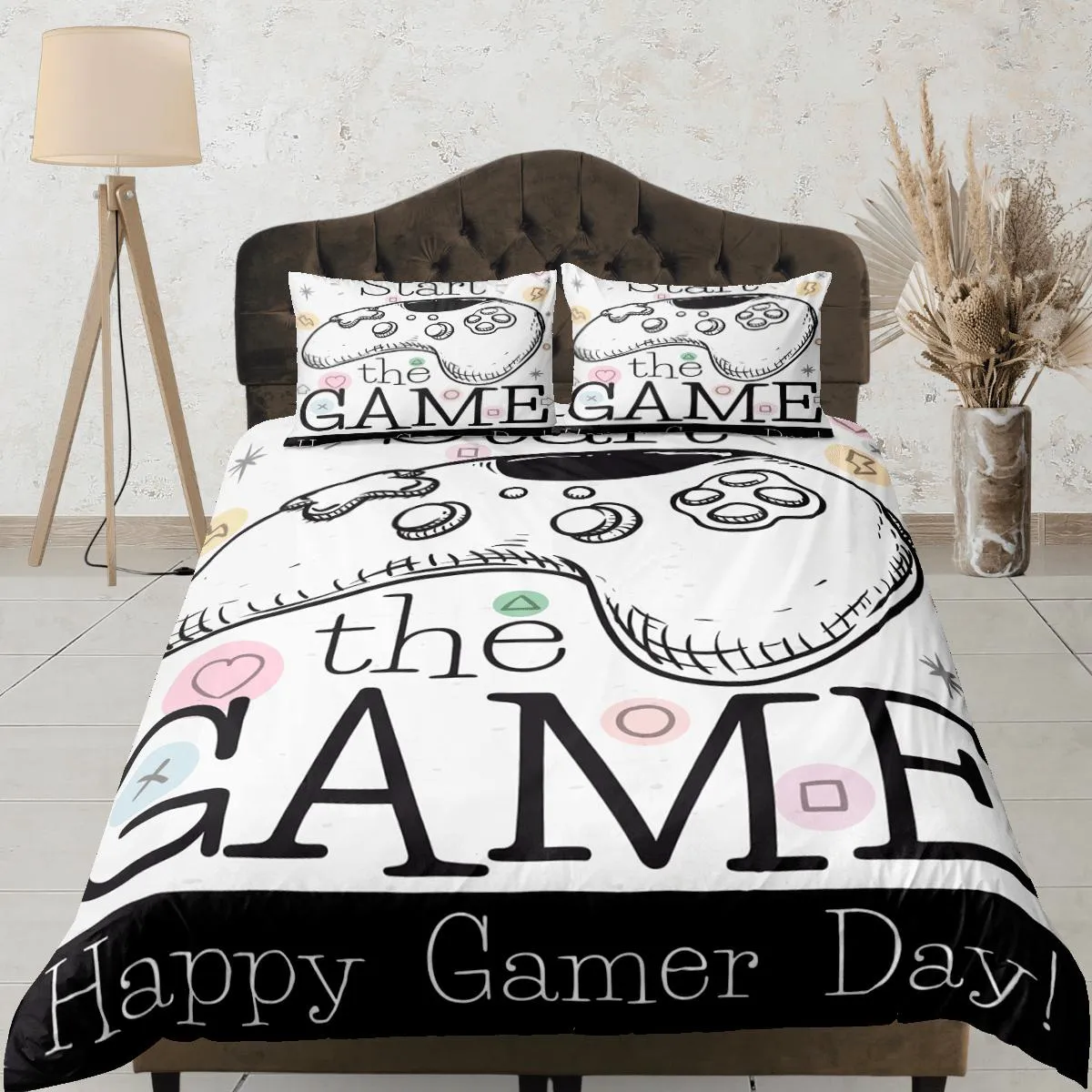 Happy gamer day bedding duvet cover, video gamer boyfriend gift bedding set full king queen twin, boys bedroom, college dorm bedding