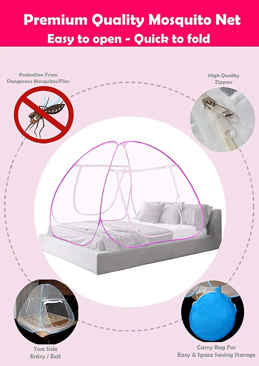 Heart Home Foldable Mosquito Net/Machhardani - Double Bed,6.5 Ft X 5.5 Ft (Pink), King (F_26_HEARTH016882)