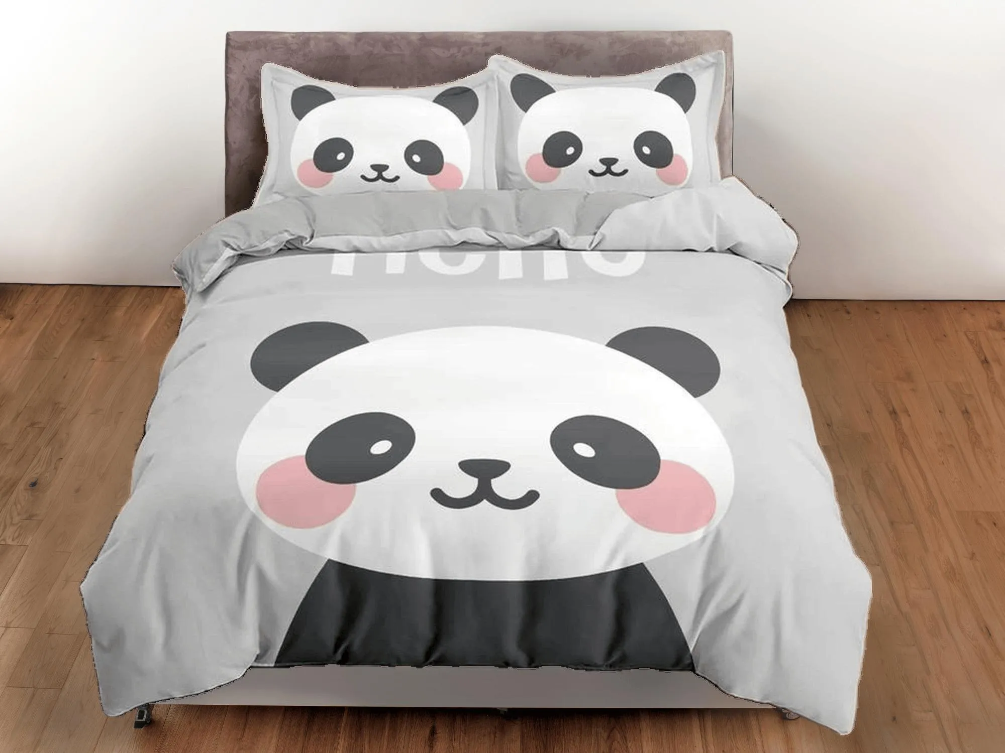 Hello cute panda grey duvet cover kids, bedding set full, king, queen, dorm bedding, toddler bedding, aesthetic bedspread, panda lovers gift