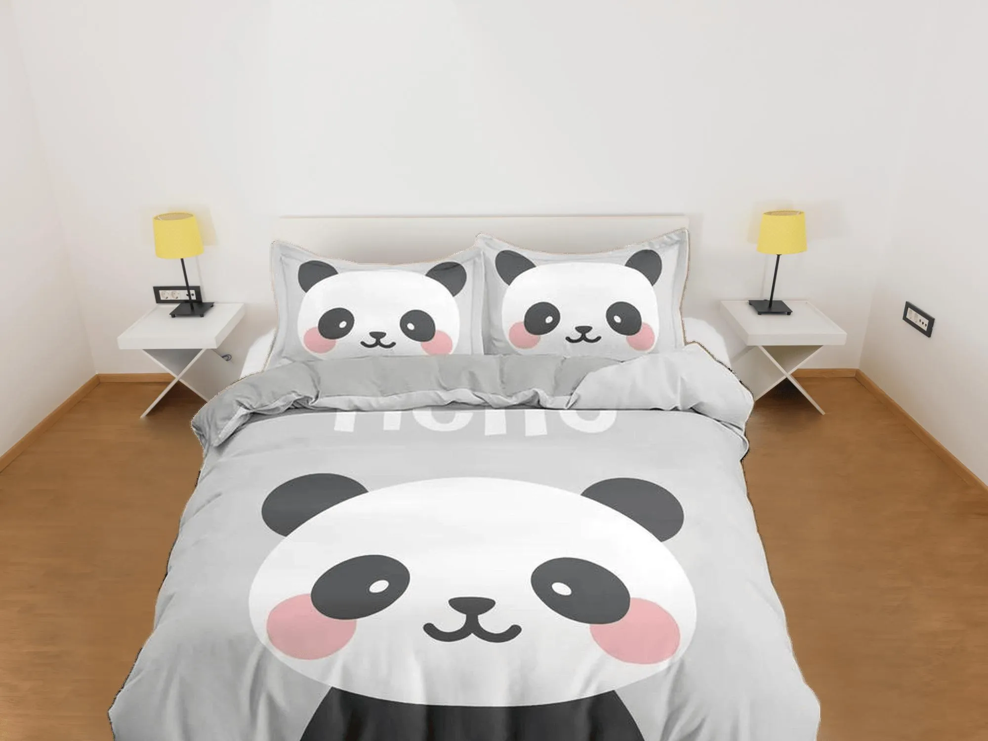 Hello cute panda grey duvet cover kids, bedding set full, king, queen, dorm bedding, toddler bedding, aesthetic bedspread, panda lovers gift