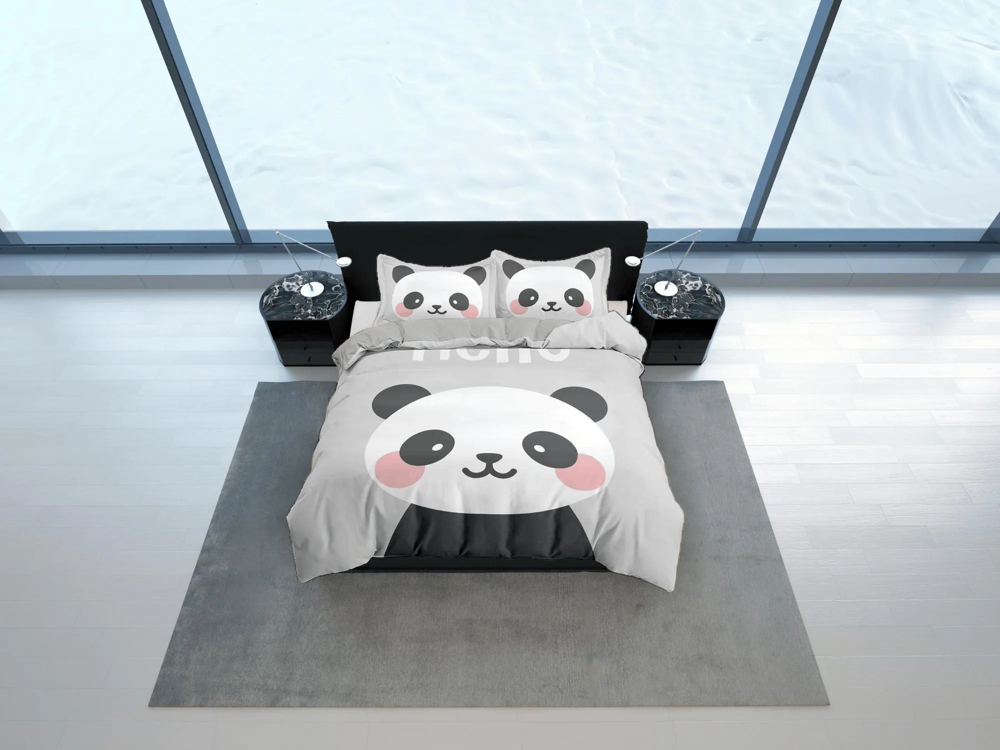 Hello cute panda grey duvet cover kids, bedding set full, king, queen, dorm bedding, toddler bedding, aesthetic bedspread, panda lovers gift