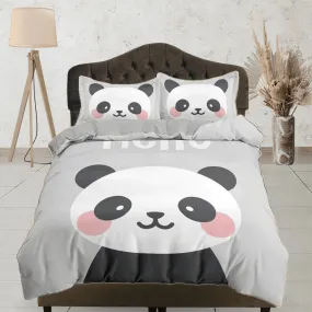 Hello cute panda grey duvet cover kids, bedding set full, king, queen, dorm bedding, toddler bedding, aesthetic bedspread, panda lovers gift