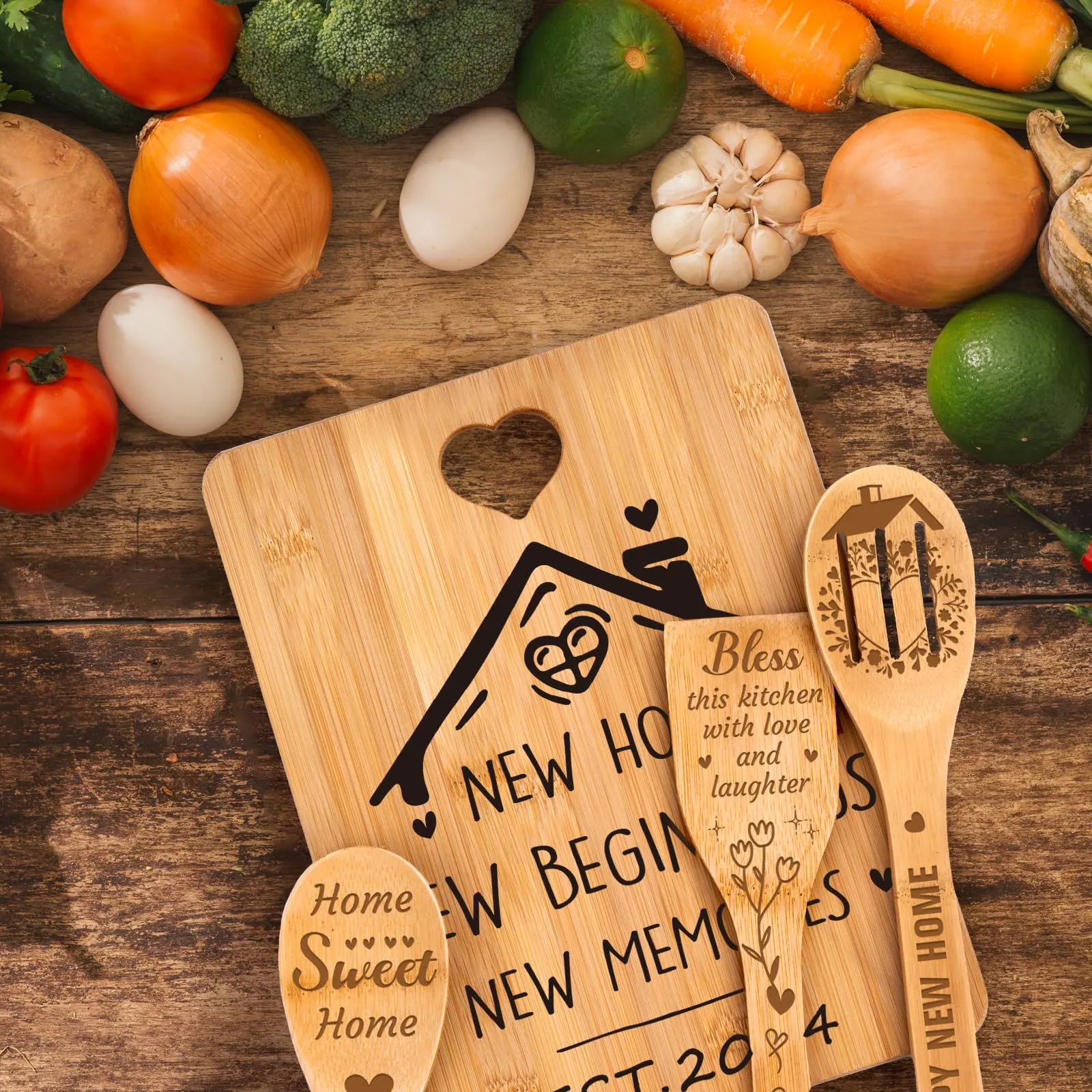 House Warming Gifts New Home - "New Home, New Beginnings, New Memories" Engraved Bamboo Housewarming Gifts New Home Cutting Board Set, 2024 House Warming Gifts.