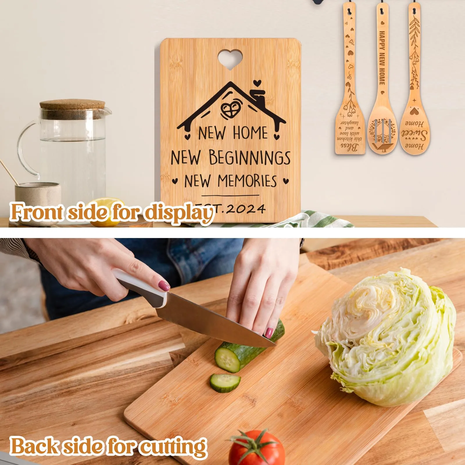 House Warming Gifts New Home - "New Home, New Beginnings, New Memories" Engraved Bamboo Housewarming Gifts New Home Cutting Board Set, 2024 House Warming Gifts.