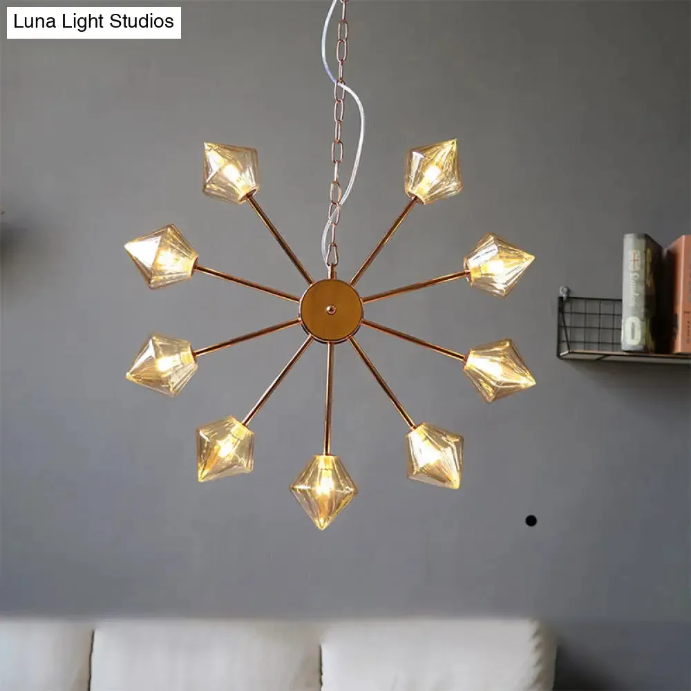 Industrial Amber/Clear Glass Diamond Shade Chandelier Lamp with Multiple Heads in Black/Brass/Copper for Living Room