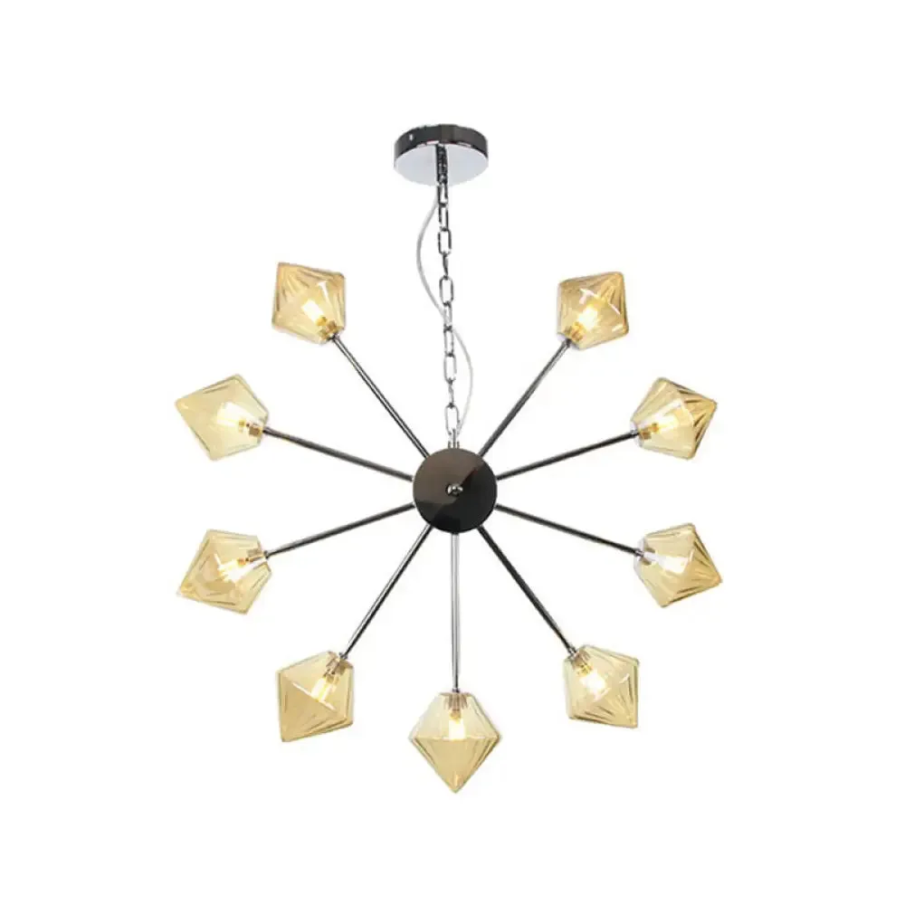 Industrial Amber/Clear Glass Diamond Shade Chandelier Lamp with Multiple Heads in Black/Brass/Copper for Living Room