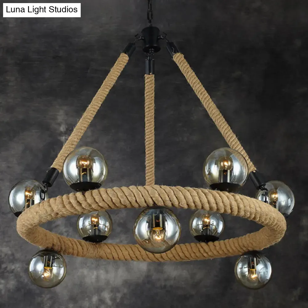 Industrial Black Metal 9-Bulb Ring Chandelier with Gray Glass Globe Shade