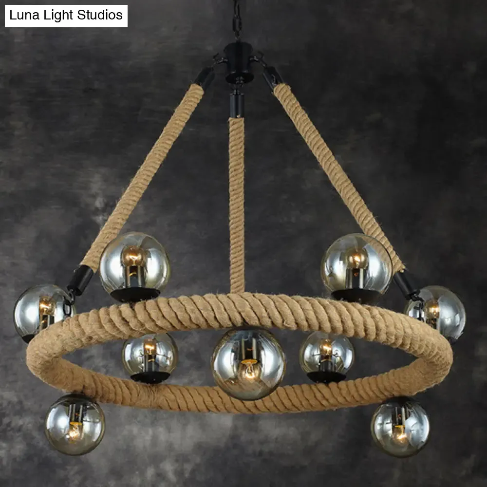 Industrial Black Metal 9-Bulb Ring Chandelier with Gray Glass Globe Shade