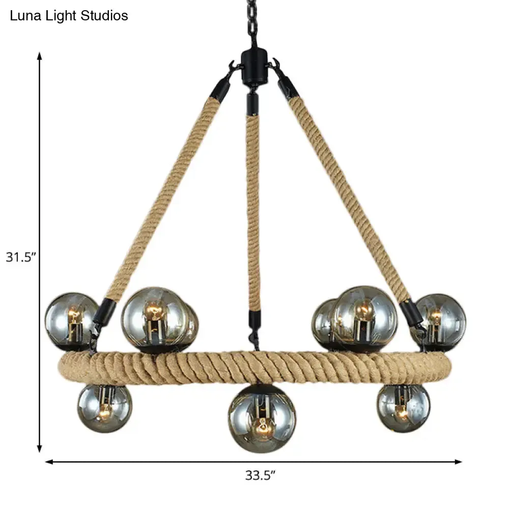 Industrial Black Metal 9-Bulb Ring Chandelier with Gray Glass Globe Shade