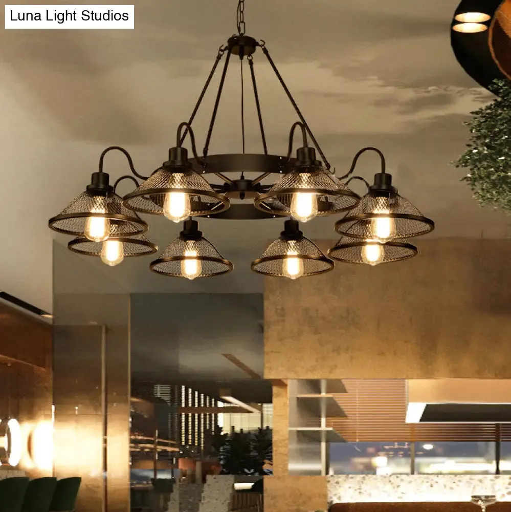 Industrial Black Wire Mesh Chandelier - 6/8-Light Flared Ceiling Light for Restaurant