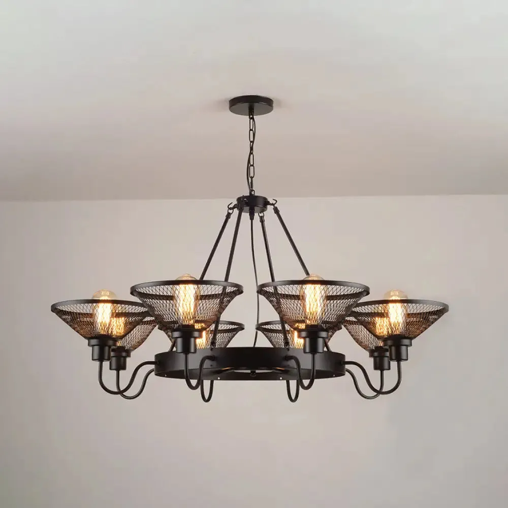 Industrial Black Wire Mesh Chandelier - 6/8-Light Flared Ceiling Light for Restaurant