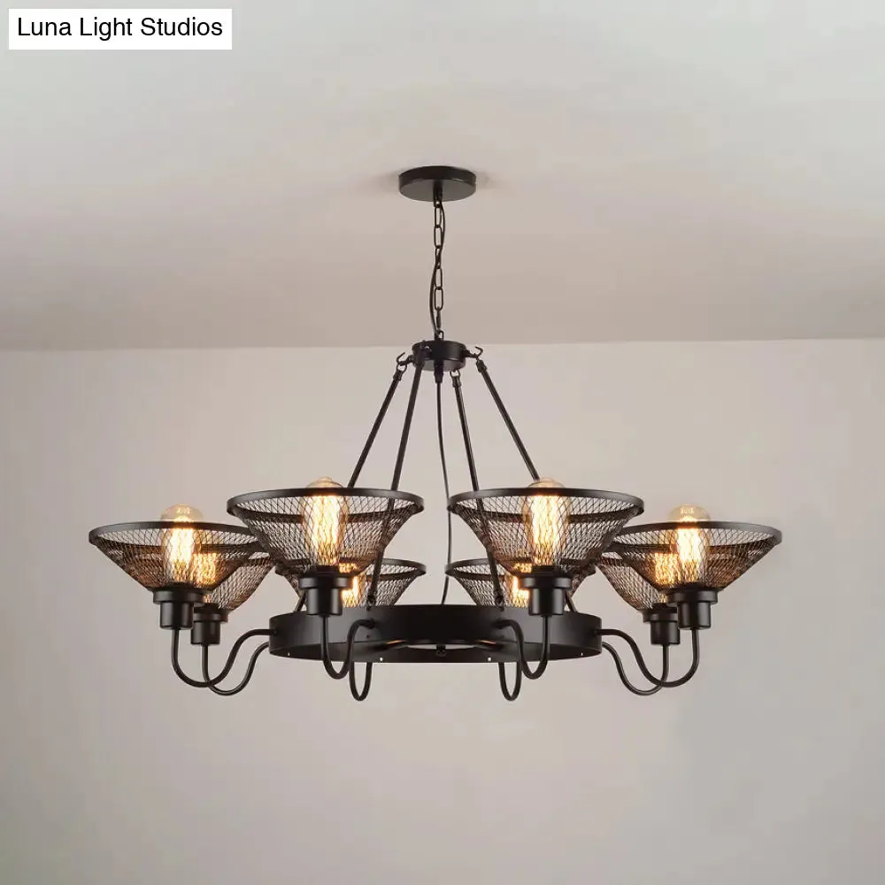 Industrial Black Wire Mesh Chandelier - 6/8-Light Flared Ceiling Light for Restaurant