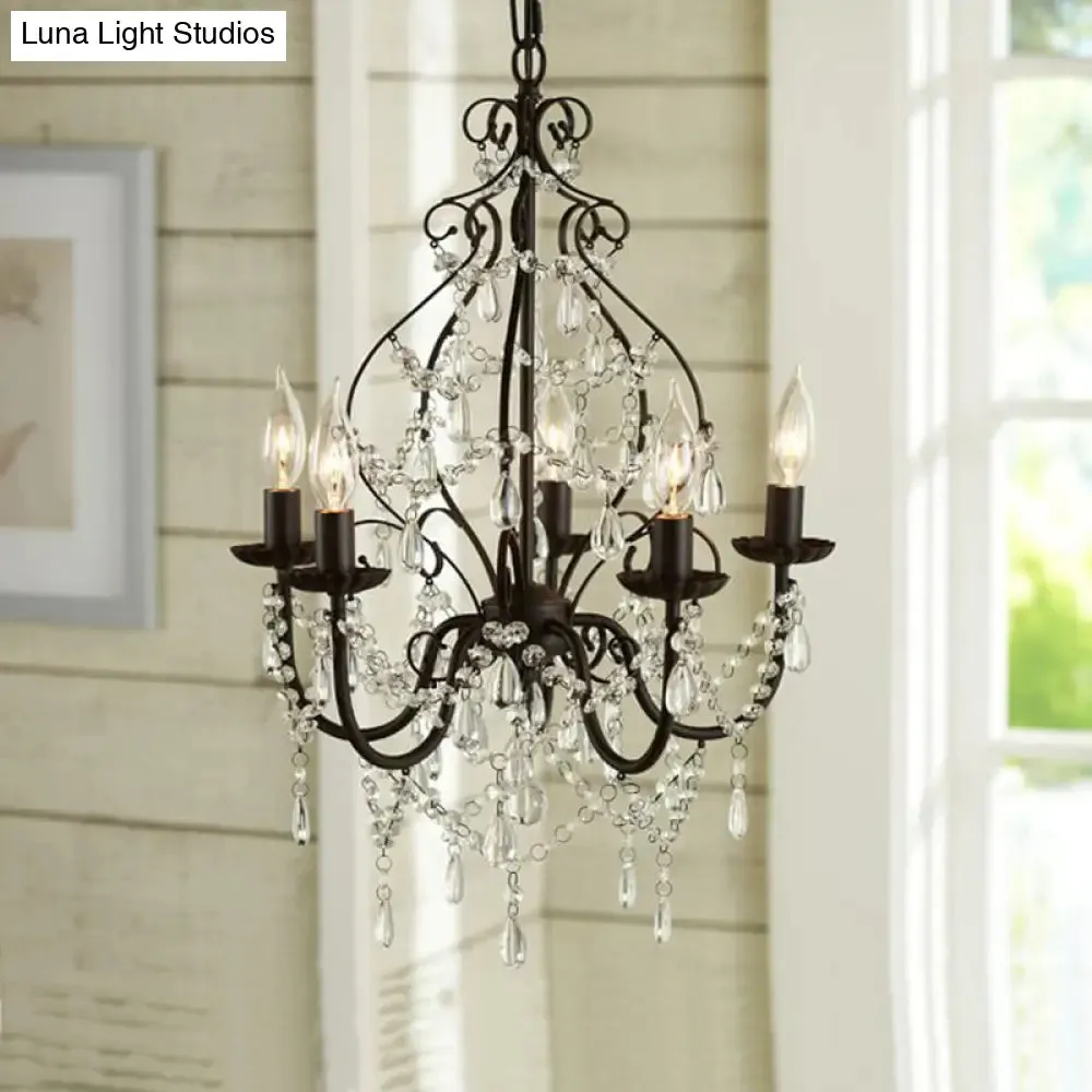 Industrial Crystal Chandelier Light: 5-Bulb Pendant Lamp with Flameless Candle, Black Finish