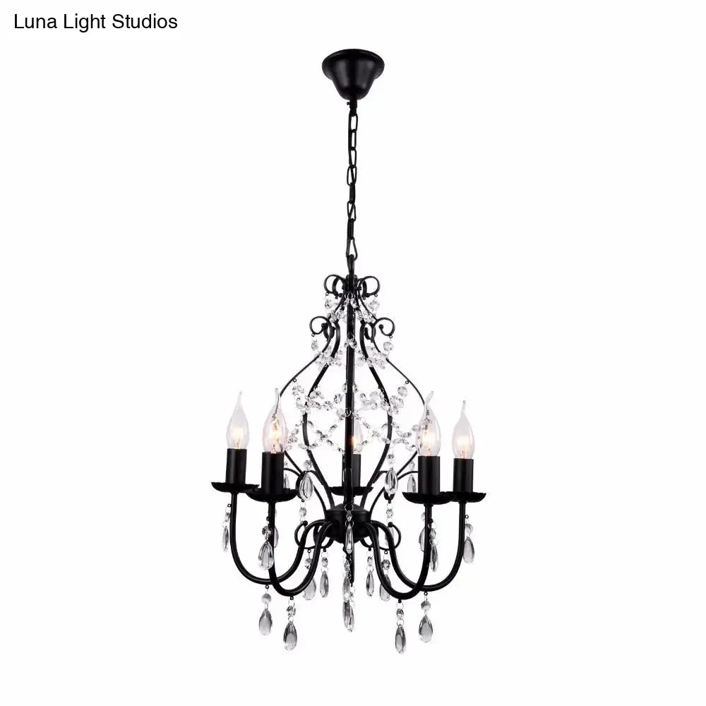 Industrial Crystal Chandelier Light: 5-Bulb Pendant Lamp with Flameless Candle, Black Finish