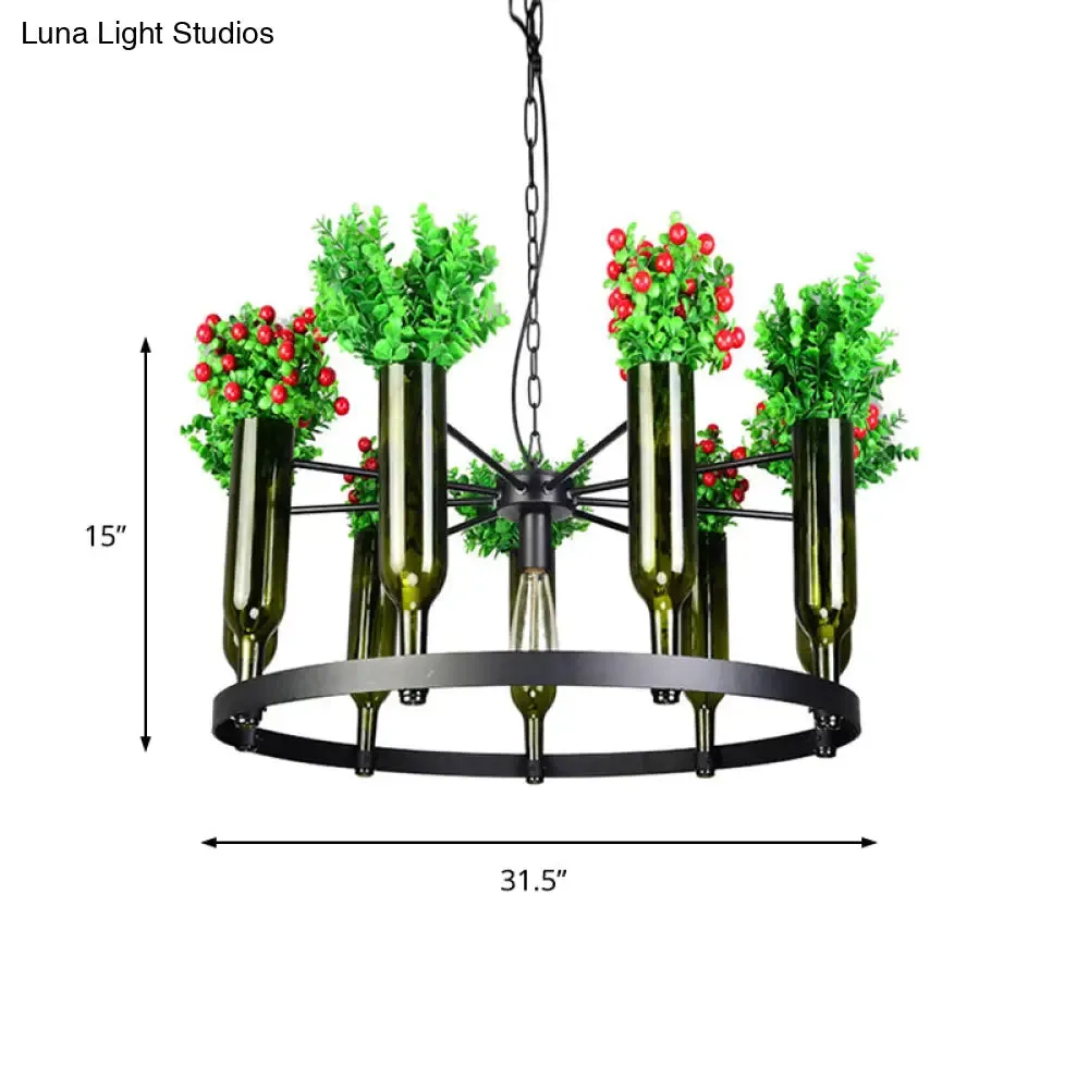 Industrial Green Metal Chandelier with Plant Decoration - 7/10 Head Round Ceiling Light