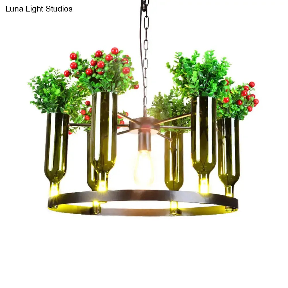 Industrial Green Metal Chandelier with Plant Decoration - 7/10 Head Round Ceiling Light