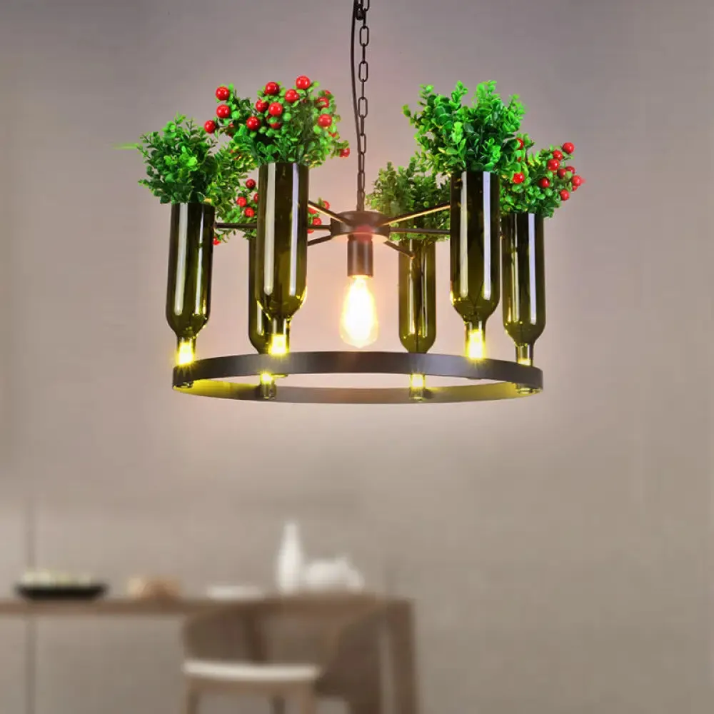 Industrial Green Metal Chandelier with Plant Decoration - 7/10 Head Round Ceiling Light