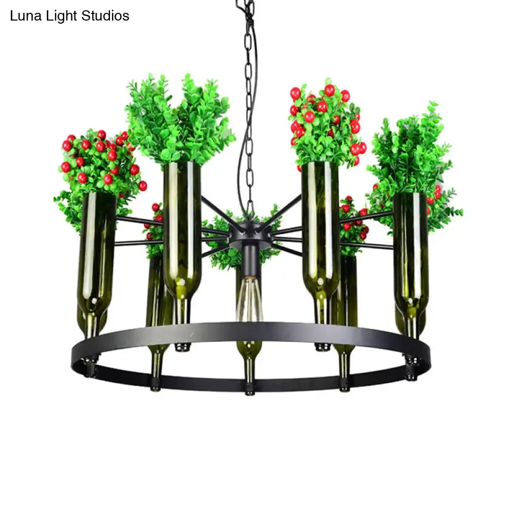 Industrial Green Metal Chandelier with Plant Decoration - 7/10 Head Round Ceiling Light