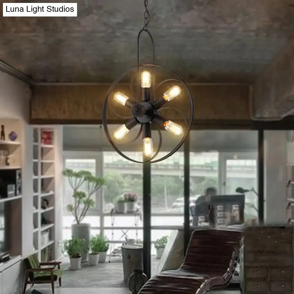 Industrial Metal Chandelier - Black Wheel Pendant Light with 6 Adjustable Lights for Dining Room