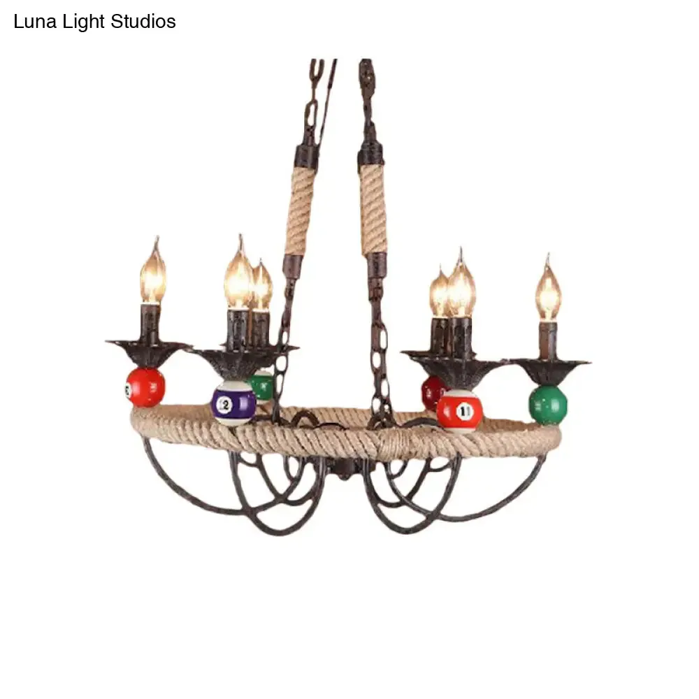 Industrial Metal Hanging Lamp: Roped Ring Bar, 3/6 Lights, Rust Chandelier with Billiard Ball Decoration