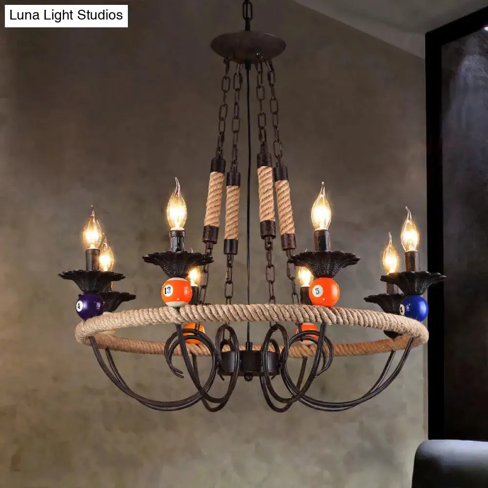 Industrial Metal Hanging Lamp: Roped Ring Bar, 3/6 Lights, Rust Chandelier with Billiard Ball Decoration