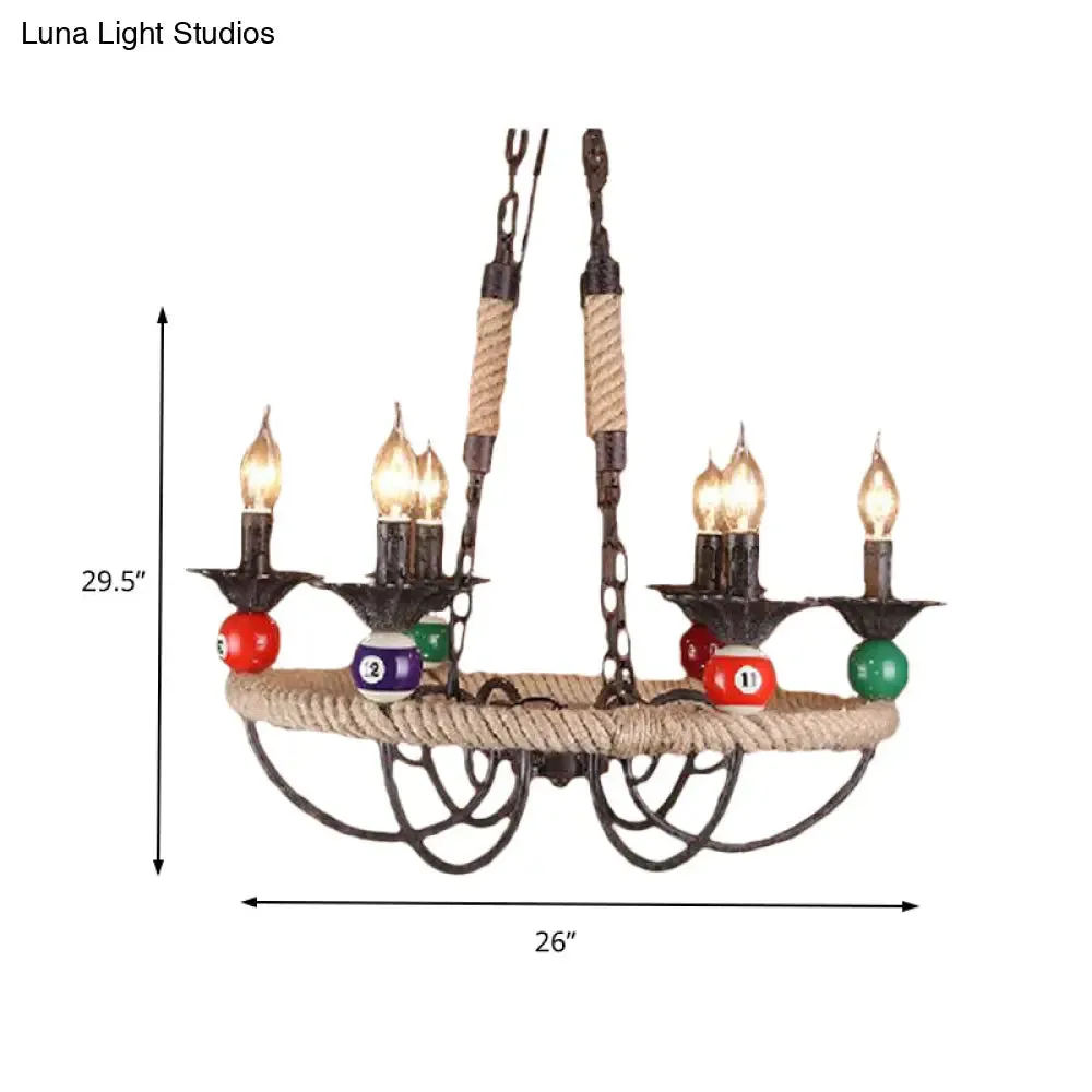 Industrial Metal Hanging Lamp: Roped Ring Bar, 3/6 Lights, Rust Chandelier with Billiard Ball Decoration