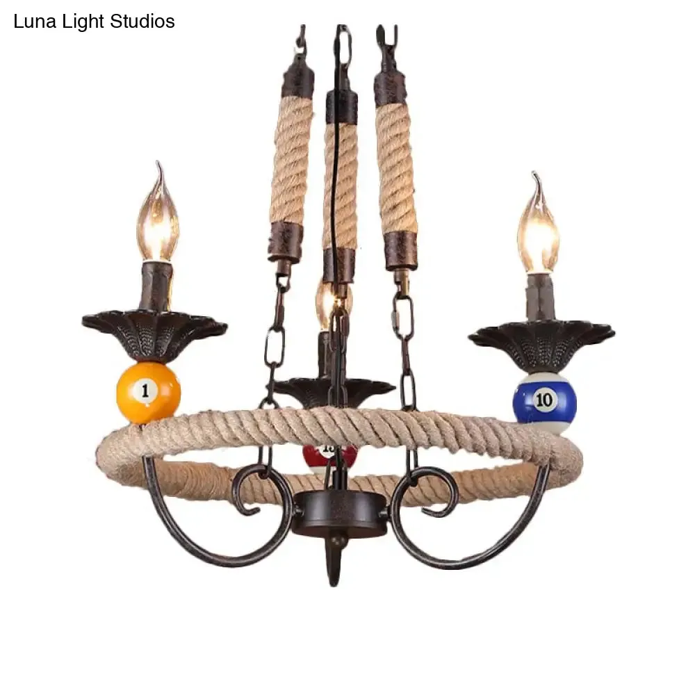 Industrial Metal Hanging Lamp: Roped Ring Bar, 3/6 Lights, Rust Chandelier with Billiard Ball Decoration