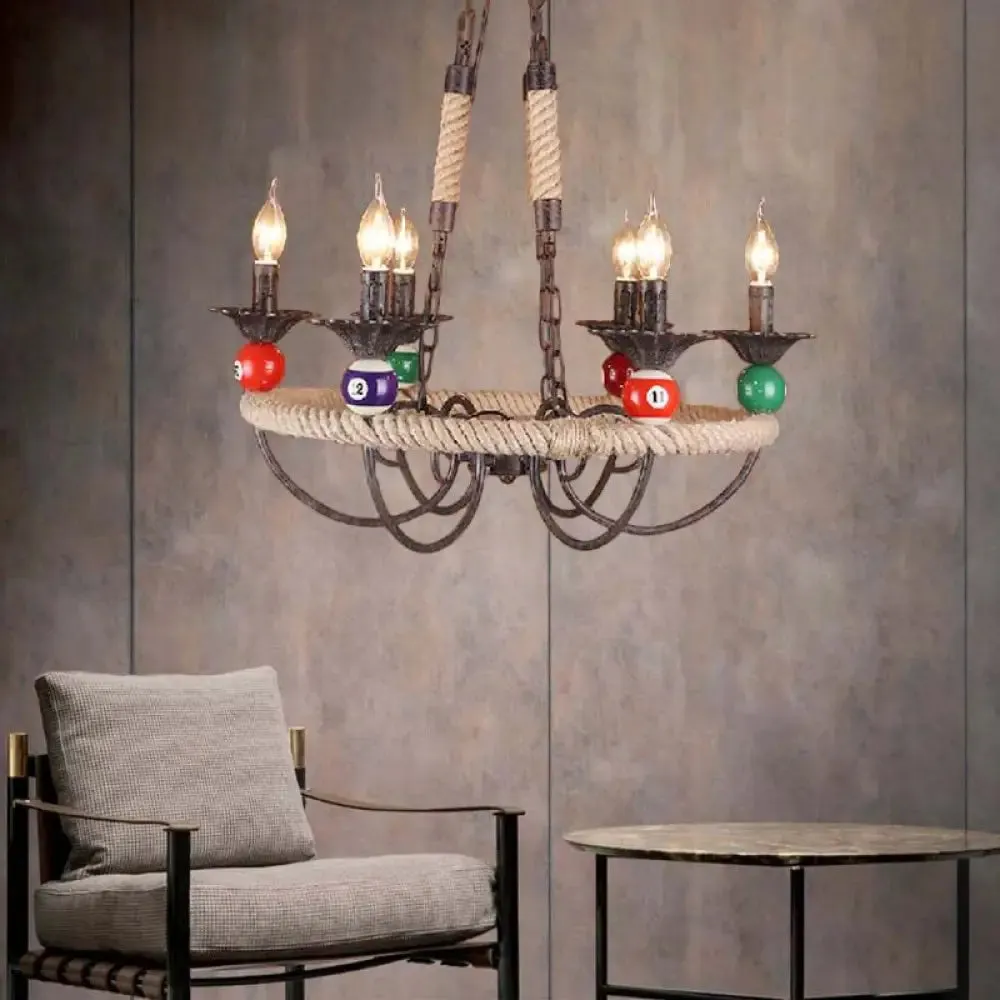 Industrial Metal Hanging Lamp: Roped Ring Bar, 3/6 Lights, Rust Chandelier with Billiard Ball Decoration