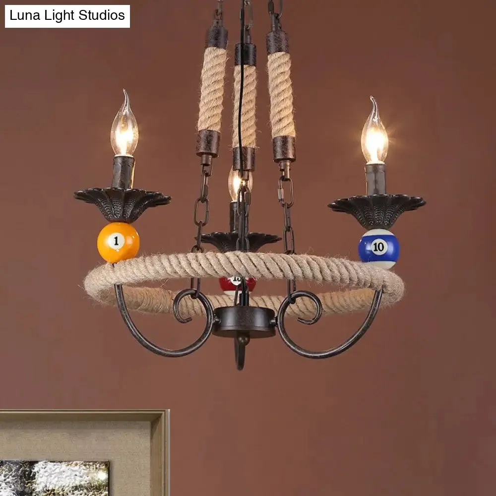 Industrial Metal Hanging Lamp: Roped Ring Bar, 3/6 Lights, Rust Chandelier with Billiard Ball Decoration