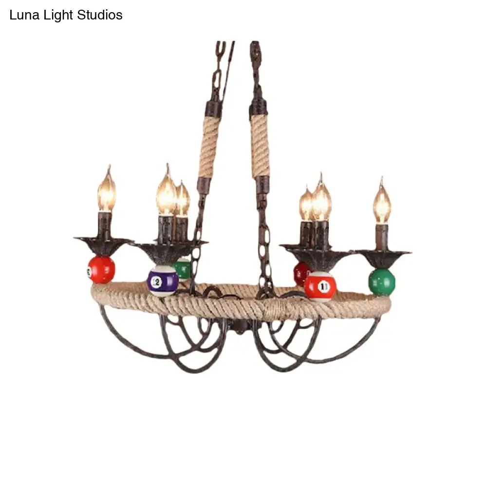 Industrial Metal Hanging Lamp: Roped Ring Bar, 3/6 Lights, Rust Chandelier with Billiard Ball Decoration