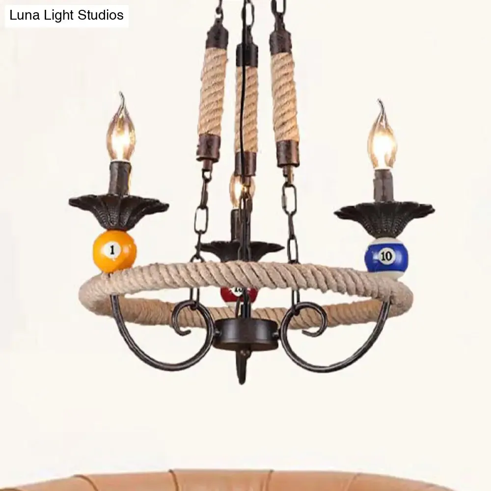 Industrial Metal Hanging Lamp: Roped Ring Bar, 3/6 Lights, Rust Chandelier with Billiard Ball Decoration