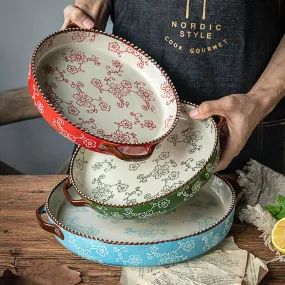 Japanese-Style Sakura Baking Tray or Jug Hand-Painted Ceramic Microwave Oven Friendly.