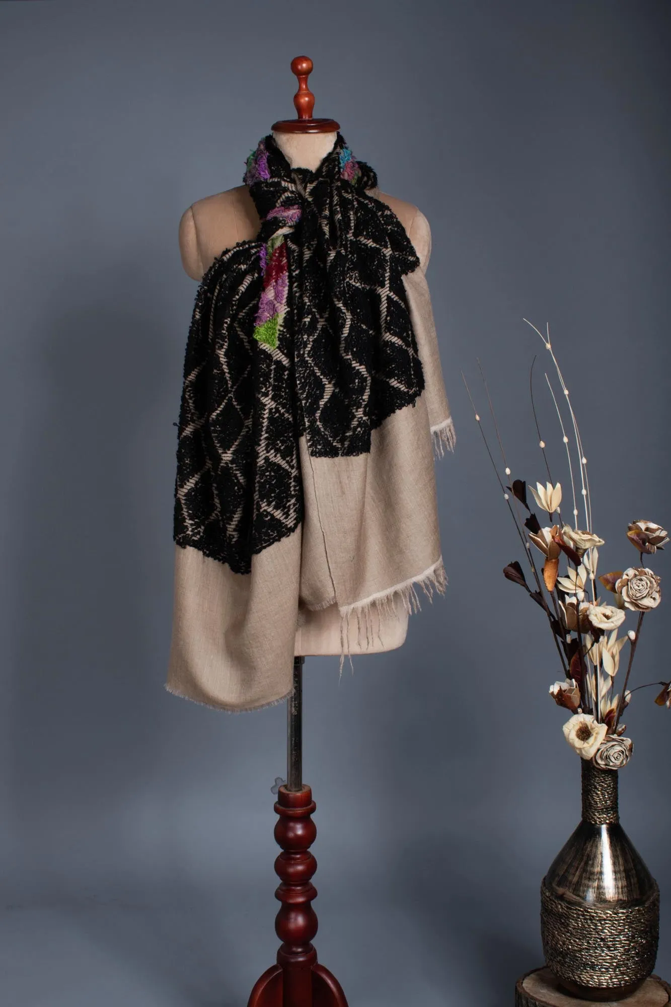 Khudrang and Black Cashmere Pashmina with  Towel Texture - BALA