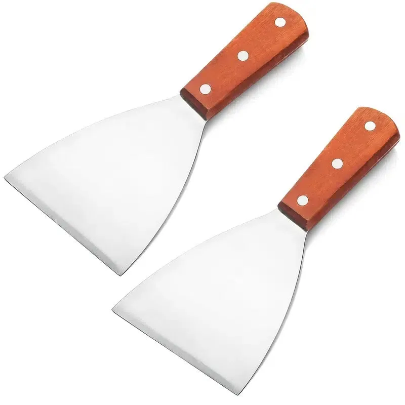 kkboxly 2pcs Stainless Steel Frying Shovel, Plain Scrapper With Wooden Handle, Pizza Shovel, Steak Shovel, Diagonal Shovel, Kitchen Tools, Large