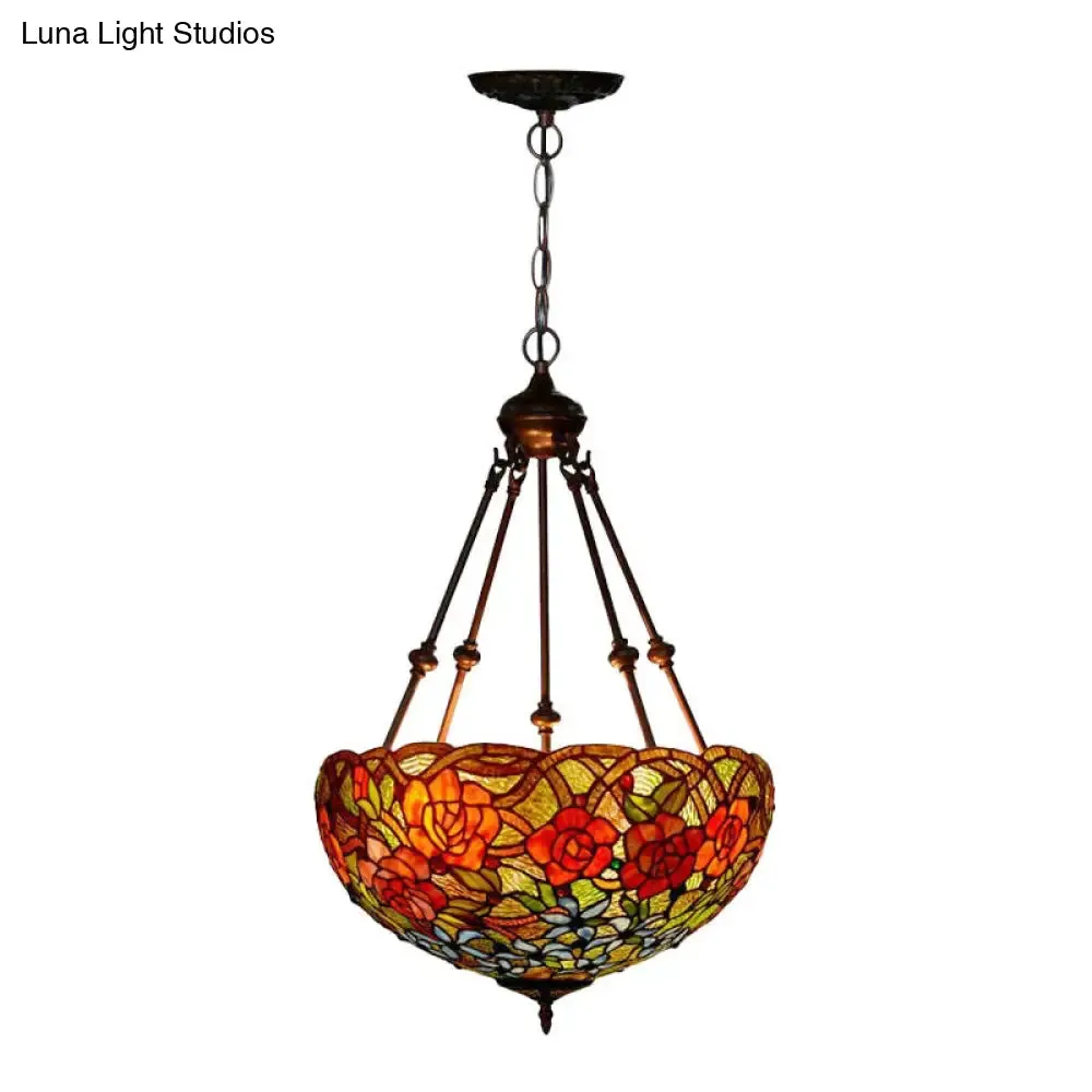 Mediterranean Floral Stained Art Glass Chandelier Pendant Light with 3 Hanging Lamps in Red/Orange/Green