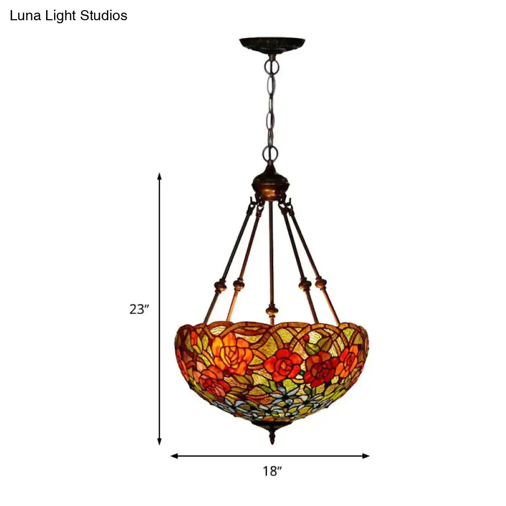 Mediterranean Floral Stained Art Glass Chandelier Pendant Light with 3 Hanging Lamps in Red/Orange/Green