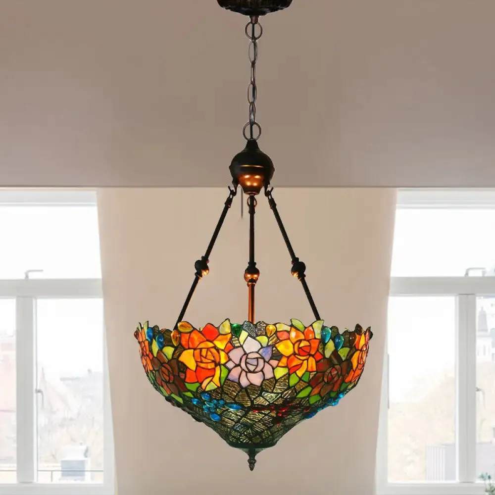 Mediterranean Floral Stained Art Glass Chandelier Pendant Light with 3 Hanging Lamps in Red/Orange/Green