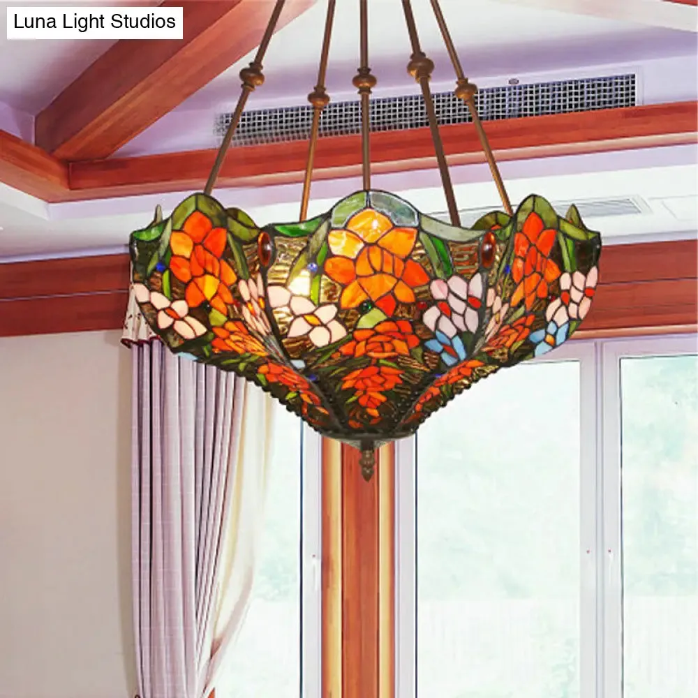 Mediterranean Floral Stained Art Glass Chandelier Pendant Light with 3 Hanging Lamps in Red/Orange/Green