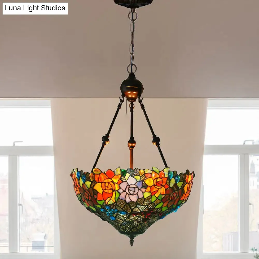 Mediterranean Floral Stained Art Glass Chandelier Pendant Light with 3 Hanging Lamps in Red/Orange/Green