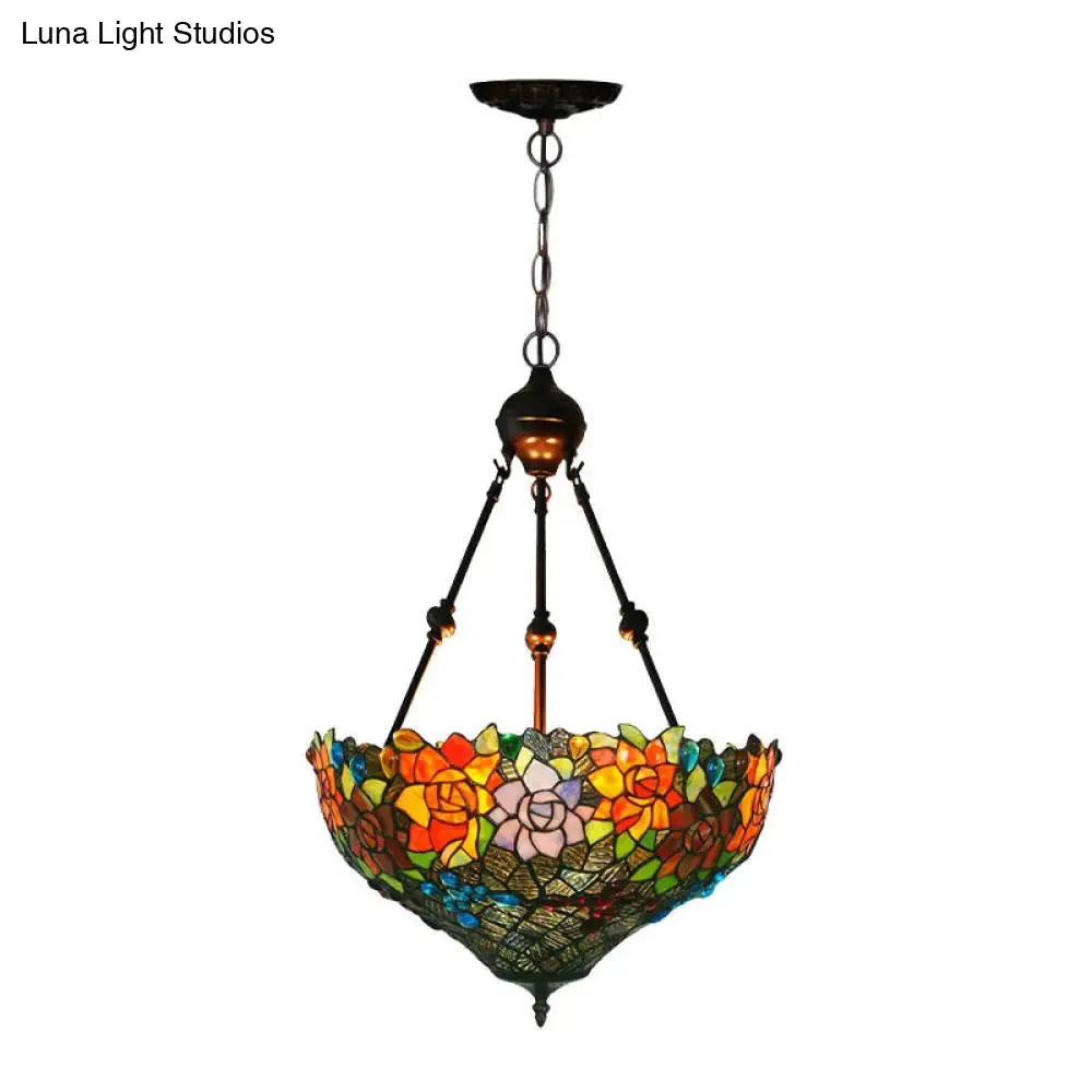 Mediterranean Floral Stained Art Glass Chandelier Pendant Light with 3 Hanging Lamps in Red/Orange/Green