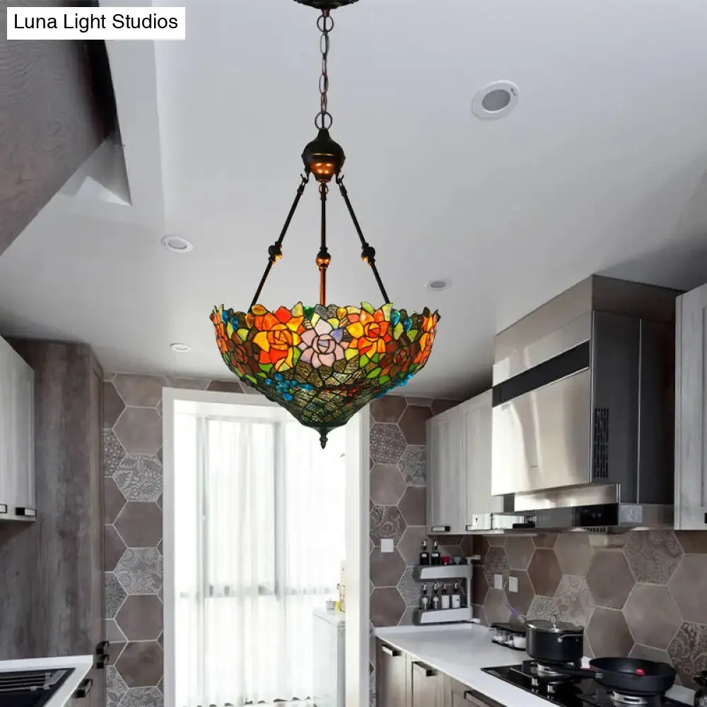 Mediterranean Floral Stained Art Glass Chandelier Pendant Light with 3 Hanging Lamps in Red/Orange/Green