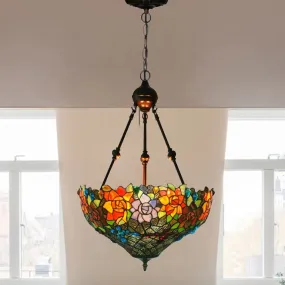 Mediterranean Floral Stained Art Glass Chandelier Pendant Light with 3 Hanging Lamps in Red/Orange/Green